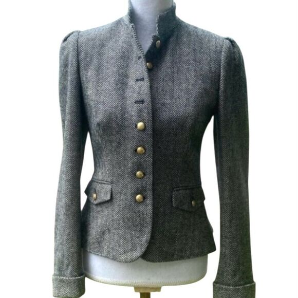 Chaps Womens Gray White Chevron Wool Blend Puff Sleeve Button Up Blazer Small - Picture 1 of 7